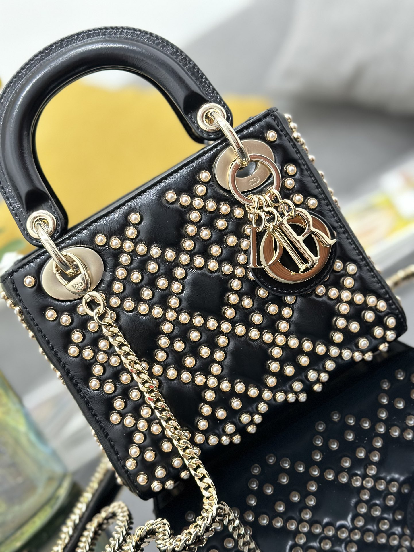 Mini Lady Dior Bag Black Calfskin Embroidered with Pearl Nail